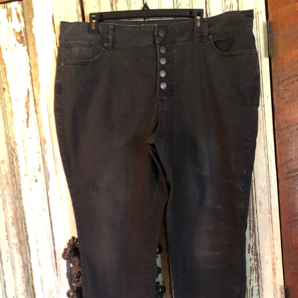 Distressed Black high rise bottom fly jeans